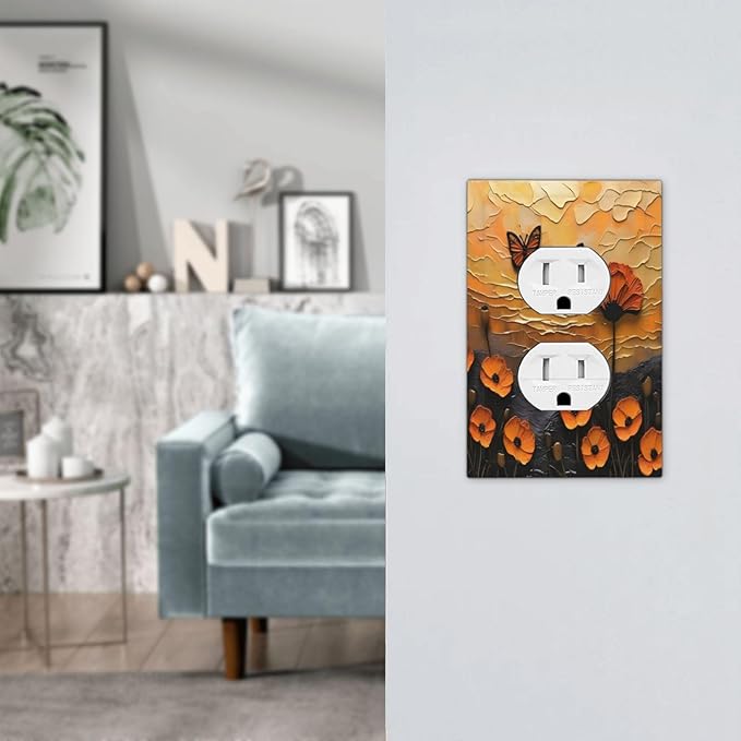 Oil Painting Flower Sunset Butterfly Vintage Rustic Floral Outlet Covers 1 Gang Duplex Light Switch Cover Decorative Switch Plates Electrical Receptacle Faceplate Wall Plate for Bedroom Living Room
