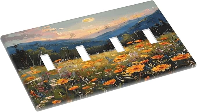 Sunset Wild Flower Field Floral Nature Landscape Light Switch Covers Quad Toggle Electrical Faceplate 4 Gang Wall Plate Decorative Switch Plates Cover for Farmhouse Bedroom Decor
