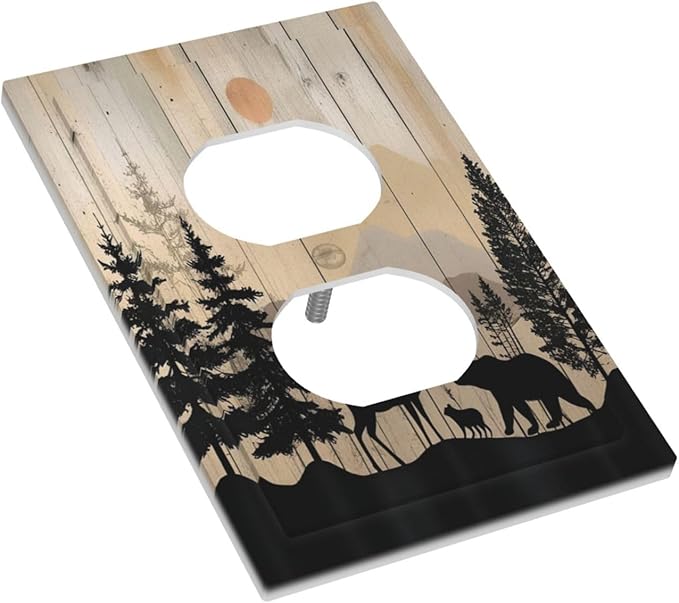 Outlet Covers Wood Board Wildlife Cute Bear Deer Forest Rustic 1 Gang Duplex Wall Plate Decorative Switch Plates Electrical Receptacle Faceplate Light Switch Cover for Bathroom Farmhouse