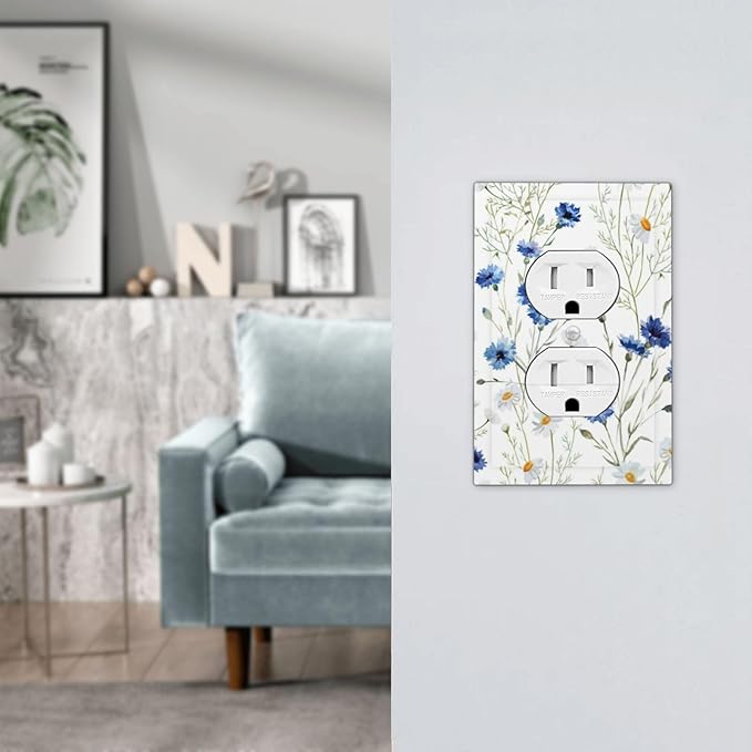 Decorative Outlet Covers Watercolor Daisy Blue Floral Vintage Plant 1 Gang Duplex Light Switch Cover Plate Electrical Switch plates WallPlates Socket Covers for Bedroom Home Decor