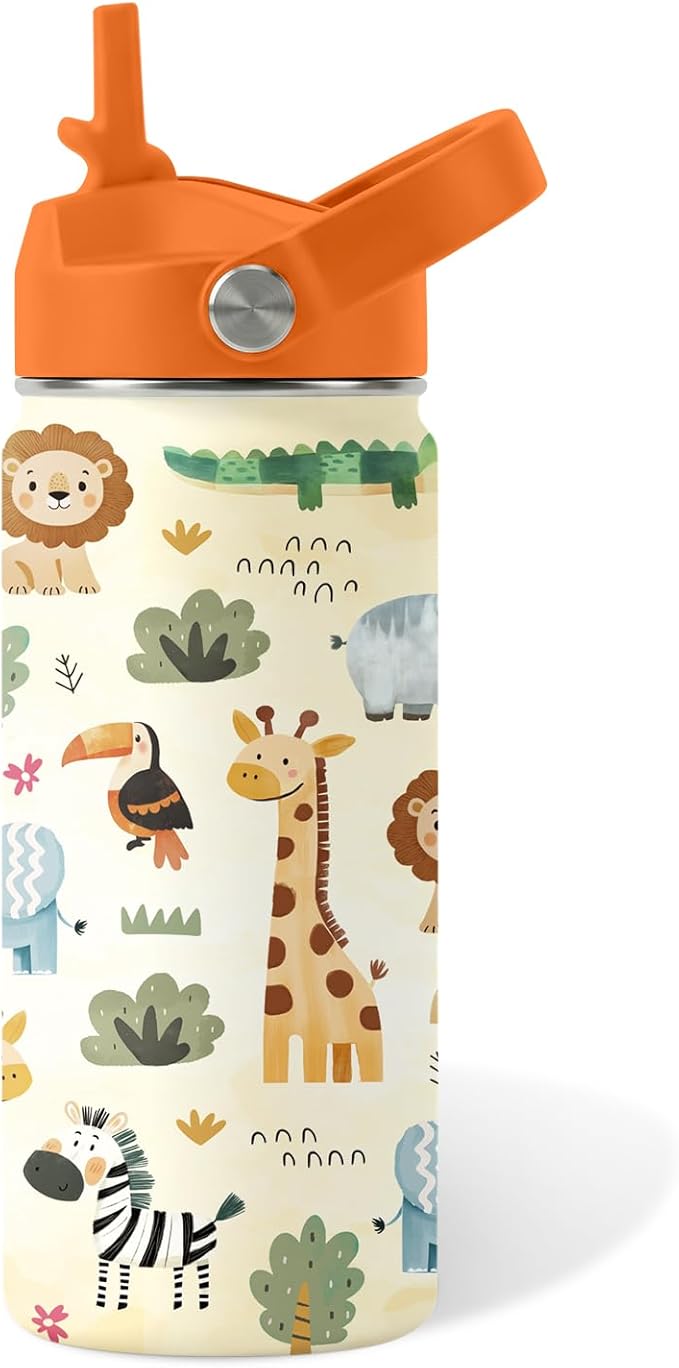 16oz Kids Wild Animal Water Bottle with Straw Lid, Stainless Steel Insulated Tumbler, Leakproof, BPA-Free, for Boys & Girls, Travel - Forest Friends Nature Lovers Birthday Gift Cup (1pc)