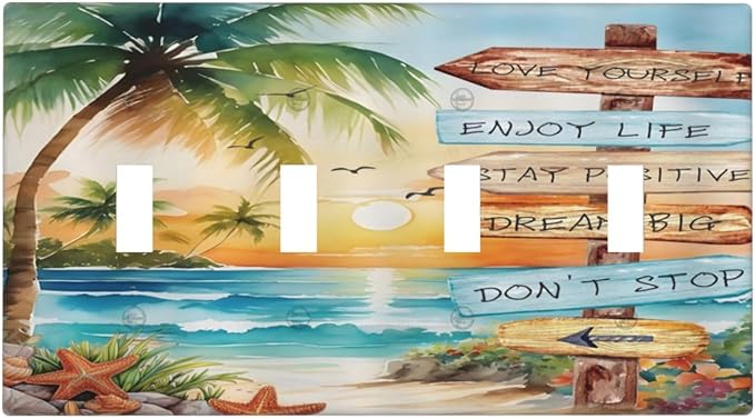 Tropical Beach Palm Tree Summer Coastal Ocean Sunset Light Switch Covers Quad Toggle Electrical Faceplate 4 Gang Wall Plate Decorative Switch Plates for Bedroom Living Room Decor