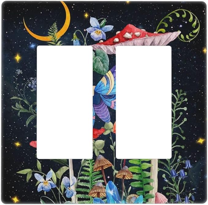 Boho Butterfly Mushroom Starry Moon Night Phase Stars Botanical Moth 2 Gang Screwless Double GFCI Decorator/Rocker Outlet Light Switch Wall Plate Covers Decorative Dual Device Receptacle Faceplate