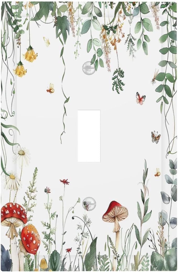 Decorative Light Switch Cover Sage Plant Red Mushroom Butterfly Wild Flower 1 Gang Single Toggle Device Electrical Faceplate Switchplates Decorator Outlet Wall Plate For Bed Room Home