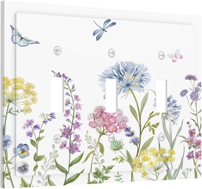 Colorful Wildflowers Dragonfly Lavender Butterfly Insect Decorative Switch Plates 3 Gang Wall Plate Triple Toggle Light Switch Cover Faceplate Electrical Wall Panels for Bedroom Living Room Decor