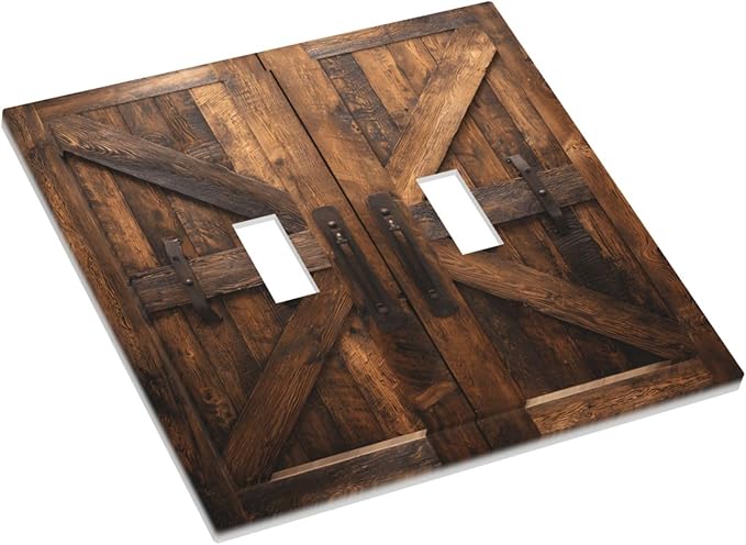 Decorative Light Switch Cover Plate Retro Brown Wood Barndoor 2 Gang Outlet Covers Double Toggle Wall Plates for Electrical Outlets Switch Plate Covers Faceplate for Farmhouse Decor