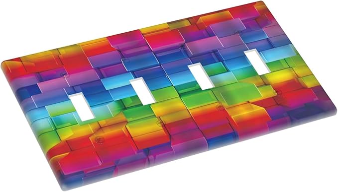 3D Colorful Rainbow Wall Abstract Squre Shaped Quad Toggle Light Switch Covers Decorative Unique 4 Gang Wall Plate Electrical Faceplate Switchplate for Kitchen Bedroom Bathroom Decor