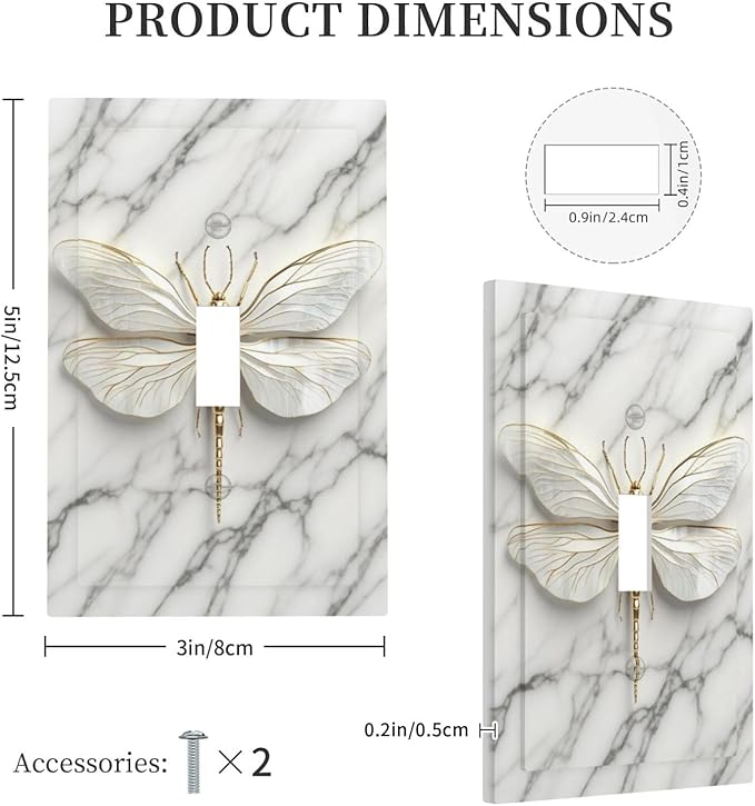 White Gold Marble Dragonfly Abstract Modern Decorative Light Switch Cover 1 Gang Single Toggle Device Electrical Faceplate Switchplates Decorator Outlet Wall Plate for Bathroom Home Decor