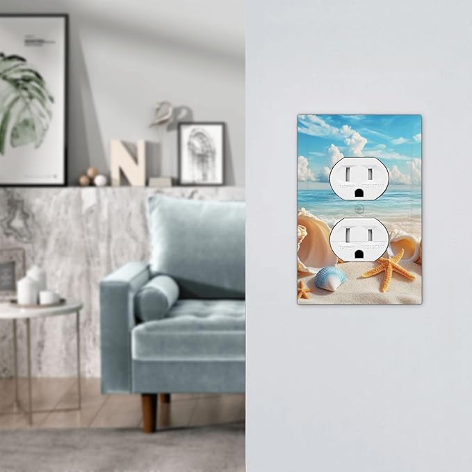 Beach Coastal Seashore Sea Starfish Shell Sand Outlet Covers 1 Gang Duplex Light Switch Cover Decorative Switch Plates Electrical Receptacle Faceplate Wall Plate for Bathroom Home Decor