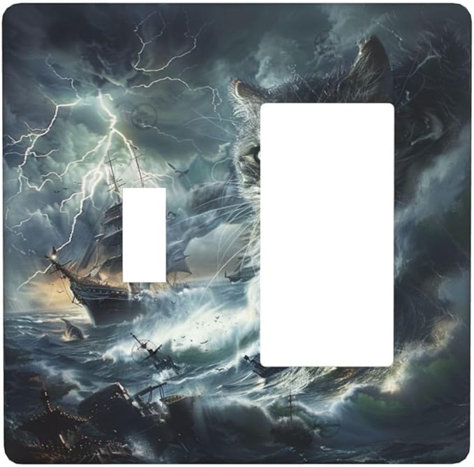 Light Switch Cover Plate funny Cat Stormy sea Lightning Sailboats 2 Gang Combo Wall Plates Toggle Rocker Decorative Switch Plates and Outlet Covers for Bathroom Kid Room Decor