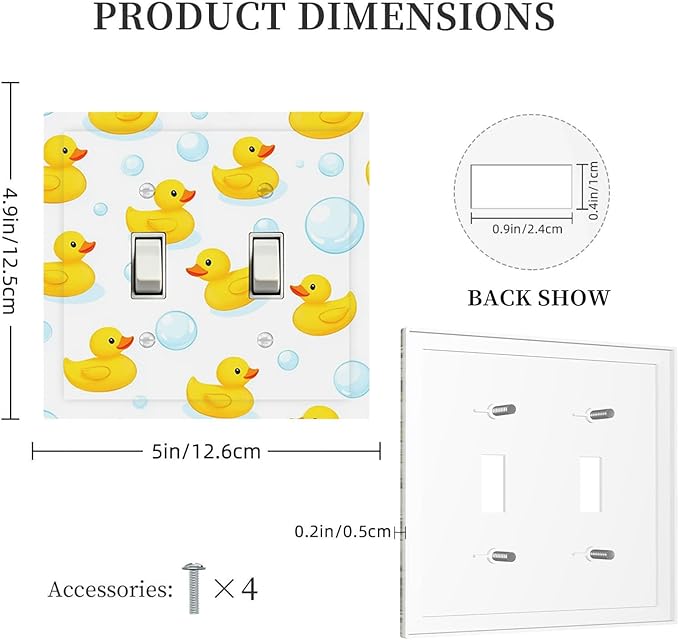 Cheerful Rubber Ducks & Bubbles Bath Time Double Toggle Switch Cover - 2-Gang Standard US Size Bathroom Funny Duck Light Switch Covers for Boys & Girls Bathroom Decor