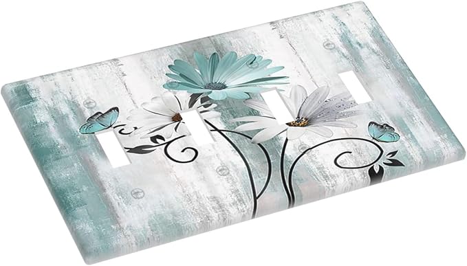 Teal Daisy Vintage Flower Butterfly Rustic Wood Print Light Switch Covers Quad Toggle Electrical Faceplate 4 Gang Wall Plate Decorative Switch Plates for Farmhouse Home Decor