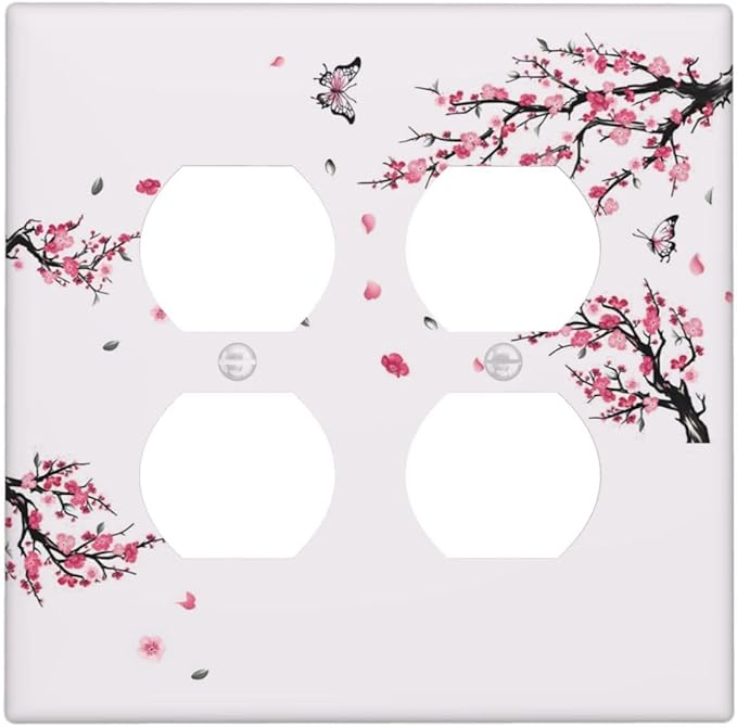 Pink Watercolor Cherry Blossom Flowe Tree Branch Floral Outlet Covers 2 Gang Double Duplex Decorative Light Switch Covers Electrical Wallplates Socket Faceplate for Bedroom Living Room Decor