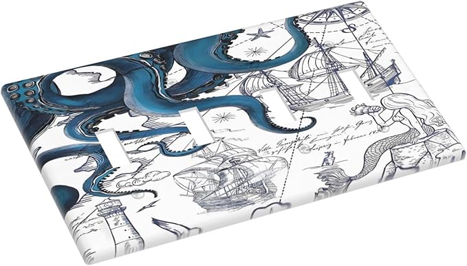 Nautical Vintage Map Octopus Mermaid Lighthouse Boat Light Switch Covers Quad Toggle Electrical Faceplate 4 Gang Wall Plate Decorative Switch Plates Cover for Bathroom Kids Room Decor