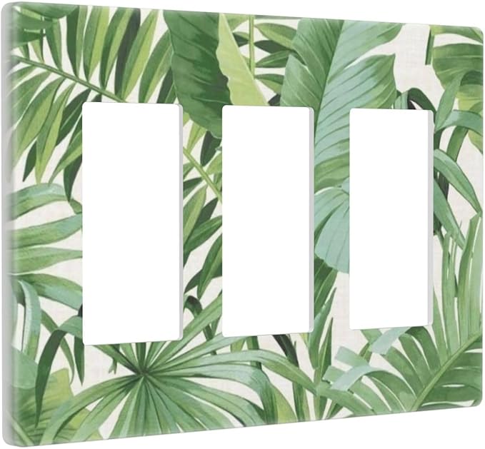Green Monstera Leaf Tropical Palm Trees Leaf 3 Gang Screwless Triple GFCI Decorator/Rocker Light Switch Wall Plate Wild Jungle Botanical Plant Decorative Dual Device Receptacle Faceplate Outlet Cover