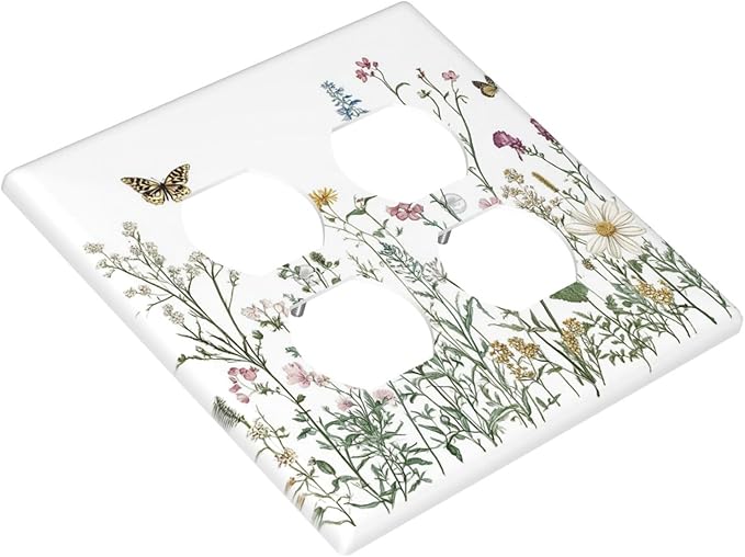 Outlet Covers Rustic Wildflowers Butterfly Colorful Floral 2 Gang Double Duplex Decorative Light Switch Covers Electrical Wallplates Socket Faceplate For Bed Room Living Room Decor
