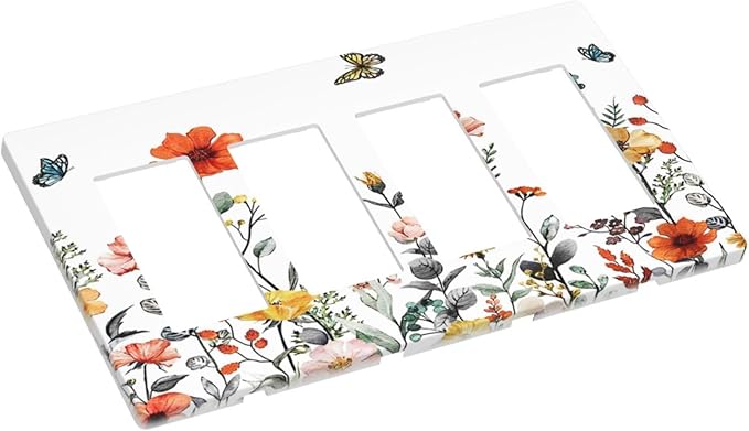 Colorful Butterfly Blossom Flower Floral 4 Gang Quad Rocker Light Switch Cover Decorative Quadruple Device GFCI/Decorator Wall Plate Electric Faceplate Screwless