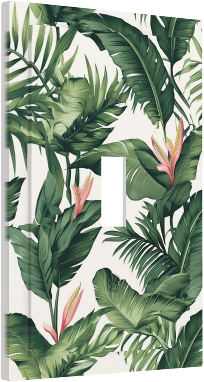 Tropical Leaf Jungle Botanical Palm Tree Greenery Floral Decorative Light Switch Cover 1 Gang Single Toggle Device Electrical Faceplate Switchplates Decorator Outlet Wall Plate for Bedroom Living Room