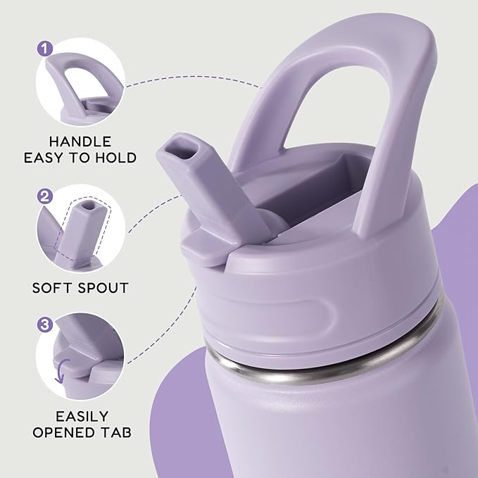 Fijinhom 12oz Kids Water Bottle for School, Toddler Bottles with Straws, Stainless Steel Vacuum Insulated Water Bottle for Boys&Girls, Leak-Proof, BPA-Free, Lavender