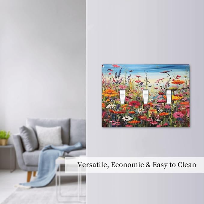 Colorful Wildflowers Painting Floral Flower Decorative Switch Plates 3 Gang Wall Plate Triple Toggle Light Switch Cover Faceplate Electrical Wall Panels for Bedroom Living Room Decor