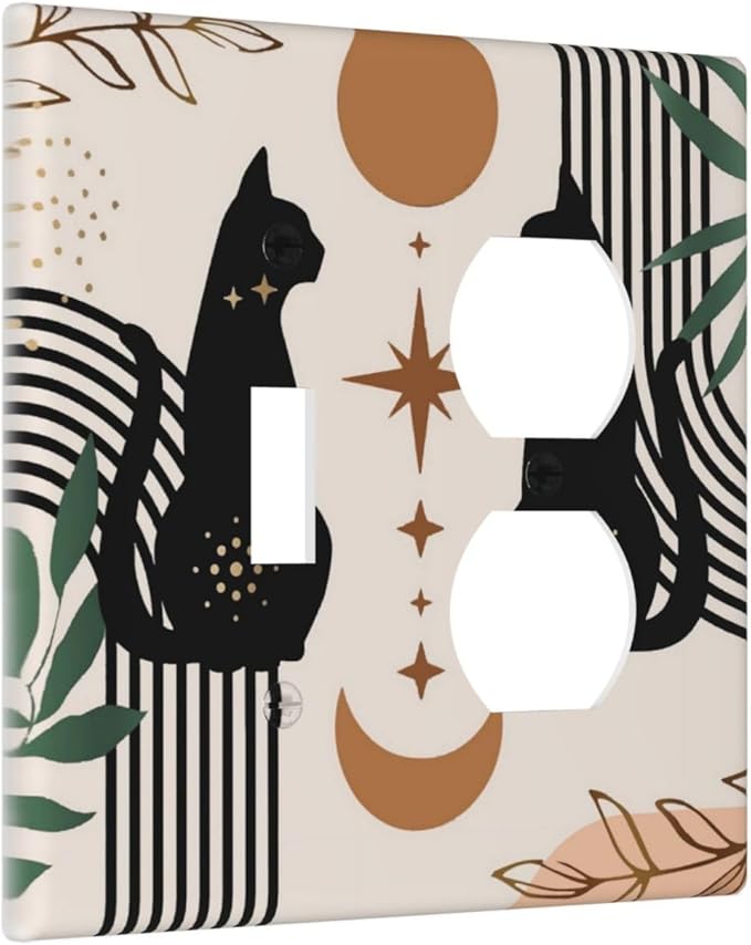 70s Mid Century Boho Abstract Cat 2 Gang 1 Toggle/Duplex Combo Outlet Light Switch Cover Wall Plate Electrical Faceplate Decorative Dual Device Switchplate