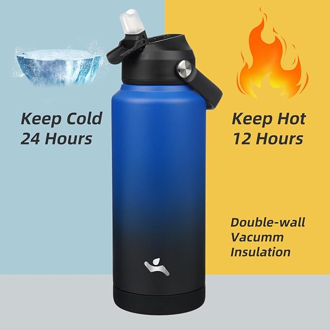 Konokyo Insulated Water Bottle with Straw Lid,32 oz Stainless Steel Vacuum Metal Bottle with Silicone Handle,Black Blue