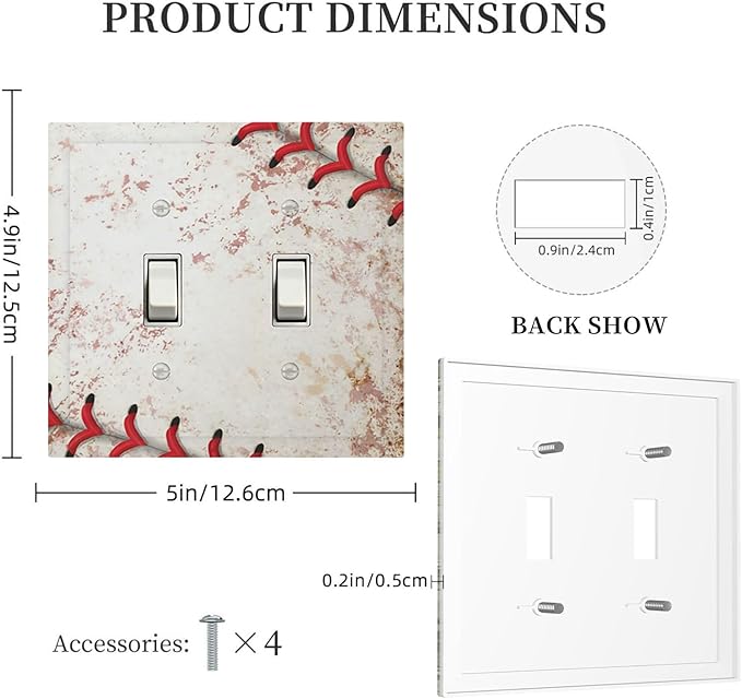 Vintage Baseball Stitch & Distressed Leather Double Toggle Switch Cover - 2-Gang Standard US Size Home Run Game Themed Light Switch Covers for Boy's Bedroom Decor