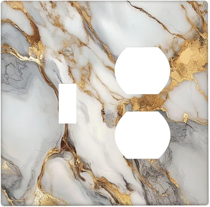 Light Switch Cover Plate White Gold Abstract Luxury Marble Patterns 2 Gang Outlet Covers 1 Toggle 1 Duplex Socket Cover Wallplates Electrical Switch Plate Covers for Bathroom Home Decor