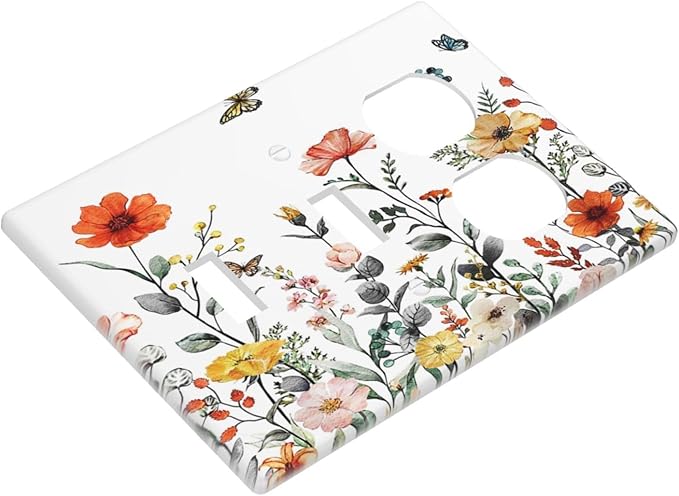 Colorful Butterfly Blossom Flower Floral 3-Gang 2-Toggle 1-Duplex Receptacle Combination Light Switch Decorative Triple Combo Device Switches/Rocker Outlet Covers and Wall Plate