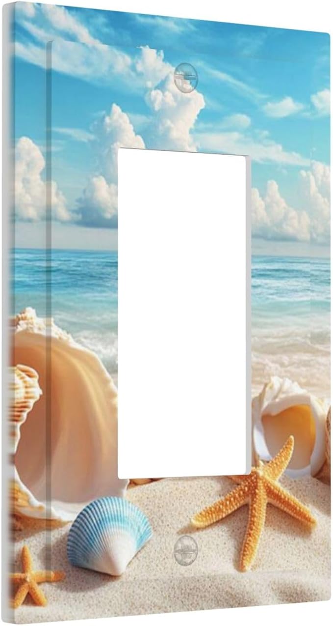 Beach Coastal Seashore Sea Starfish Shell Sand Decorative Outlet Covers 1 Gang Single Rocker Light Switch Cover Plate Wall Plates GFCI Faceplate for Bathroom Home Decor