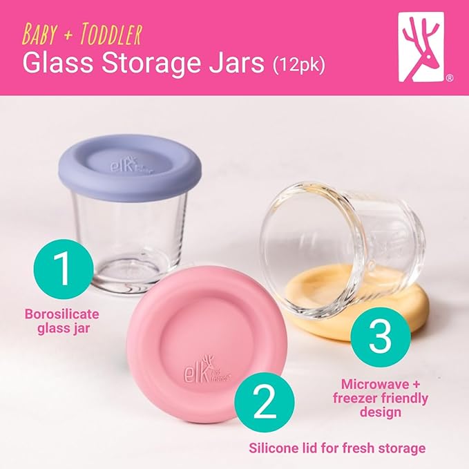 Elk and Friends 4oz Borosilicate Glass Baby Food Storage Jars with Silicone Lid | Strong Glass | Set of 12 | Microwave, Oven & Dishwasher Safe | Infant and Babies