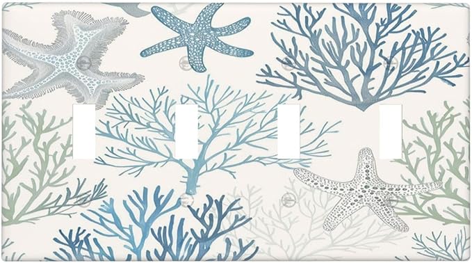 Light Switch Covers Ocean Beach Theme Starfish Seashell Coral Quad Toggle Electrical Faceplate 4 Gang Wall Plate Decorative Switch Plates For Bathroom Kids Room Decor