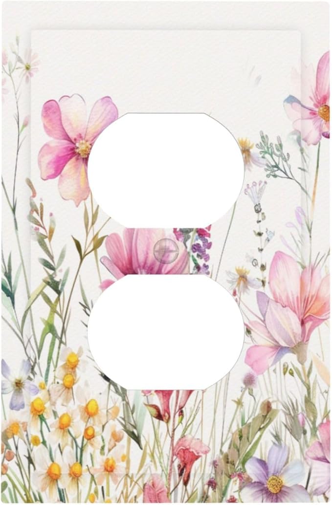 Pink Floral Wild Flowers Watercolor Plants Outlet Covers 1 Gang Duplex Light Switch Cover Decorative Switch Plates Electrical Receptacle Faceplate Wall Plate for Bedroom Living Room Decor