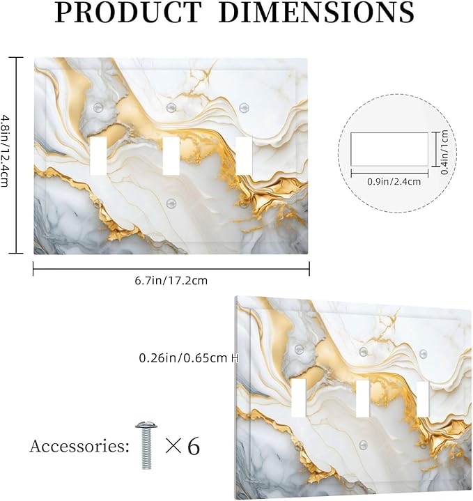 Exquisite White Gold Marble Abstract Luxurious Print Decorative Switch Plates 3 Gang Wall Plate Triple Toggle Light Switch Cover Faceplate Electrical Wall Panels for Bathroom Kitchen Decor