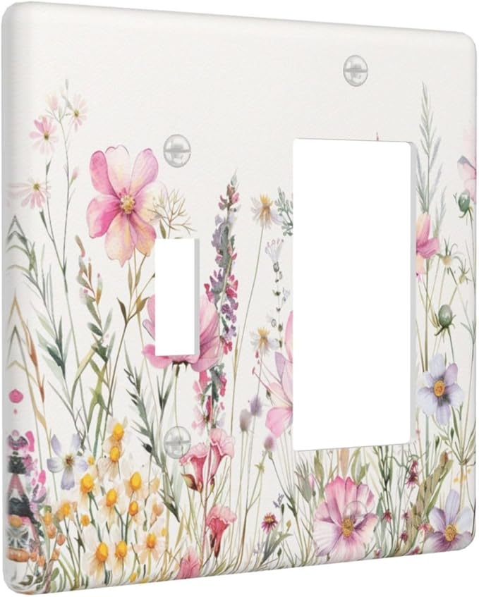 Pink Floral Wild Flowers Watercolor Plants Outlet Covers 1 Toggle 1 Rocker Combination Decorative Wall Plate Electrical Switch Plates Light Switch Cover Plate for Bedroom Living Room Decor