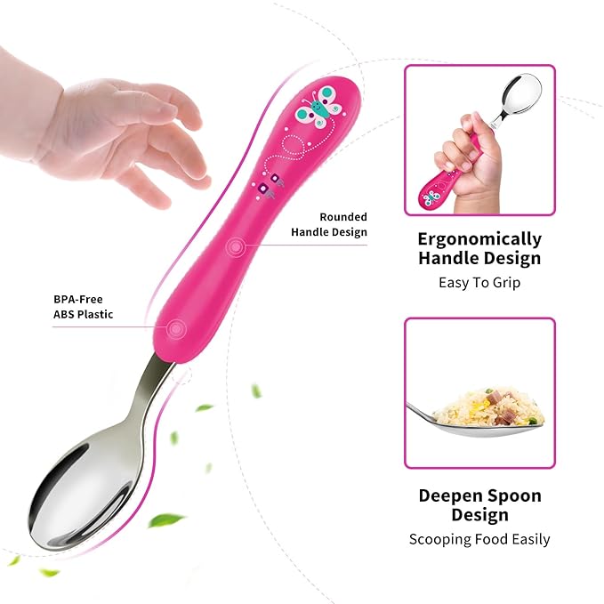 Lehoo Castle 6 Pieces Toddler Utensils, Kids Silverware for 2 3 4 Years Old, Stainless Steel Fork and Spoon Set with Plastic Handle, Safe Toddler Cutlery (Pink＆Purple)
