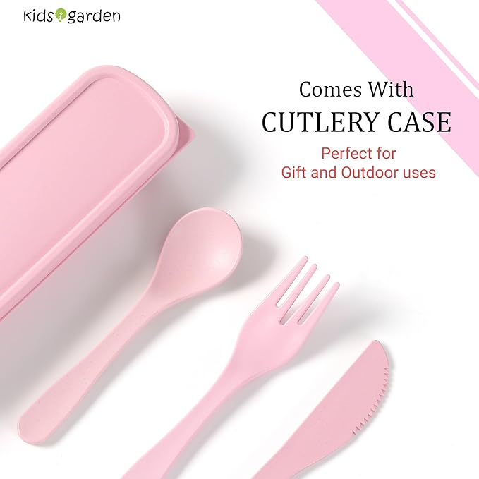 Kids garden Car Plate 8Pcs/Set Bamboo Children Dinnerware Sets - Dishwasher/Microwave Safe Includes Cutlery, Beautiful Plate, Separable Bowls & Cup Happy MealTime, Pink