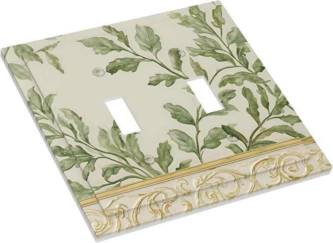 Soft Green Botanical Scroll Double Toggle Switch Cover - 2-Gang Standard US Size Regency Style Leafy Vine Design Light Switch Covers for Bedroom Living Room Decor