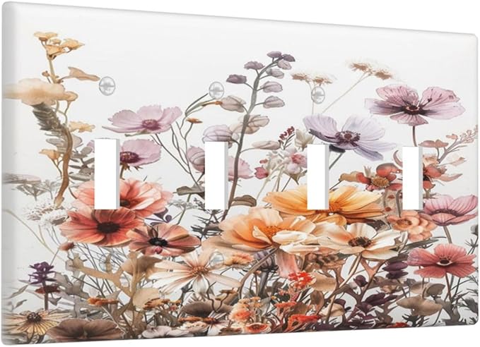 Boho Nursery Wildflower Flora Vintage Flower Light Switch Covers Quad Toggle Electrical Faceplate 4 Gang Wall Plate Decorative Switch Plates Cover for Bedroom Living Room Decor