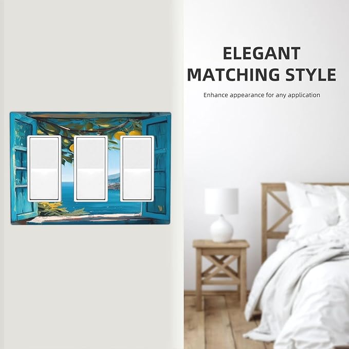 Decorative Art Light Switch Covers Seaside Window with Lemons 3 Gang Triple Rocker Outlet Switch plate GFCI Faceplate GFCI for Home Decor