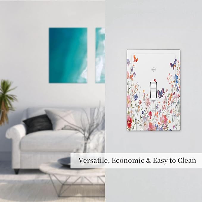 Colorful Flower Watercolor Floral Butterfly Bird Decorative Light Switch Cover 1 Gang Single Toggle Device Electrical Faceplate Switchplates Decorator Outlet Wall Plate for Bedroom Living Room Decor