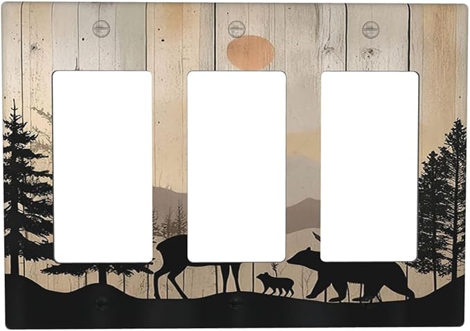 Light Switch Covers Wood Board Wildlife Cute Bear Deer Forest Rustic 3 Gang Rocker Electrical GFCI Decorative Triple Outlet Wall Plate Cover Switchplate for Bathroom Farmhouse Decor