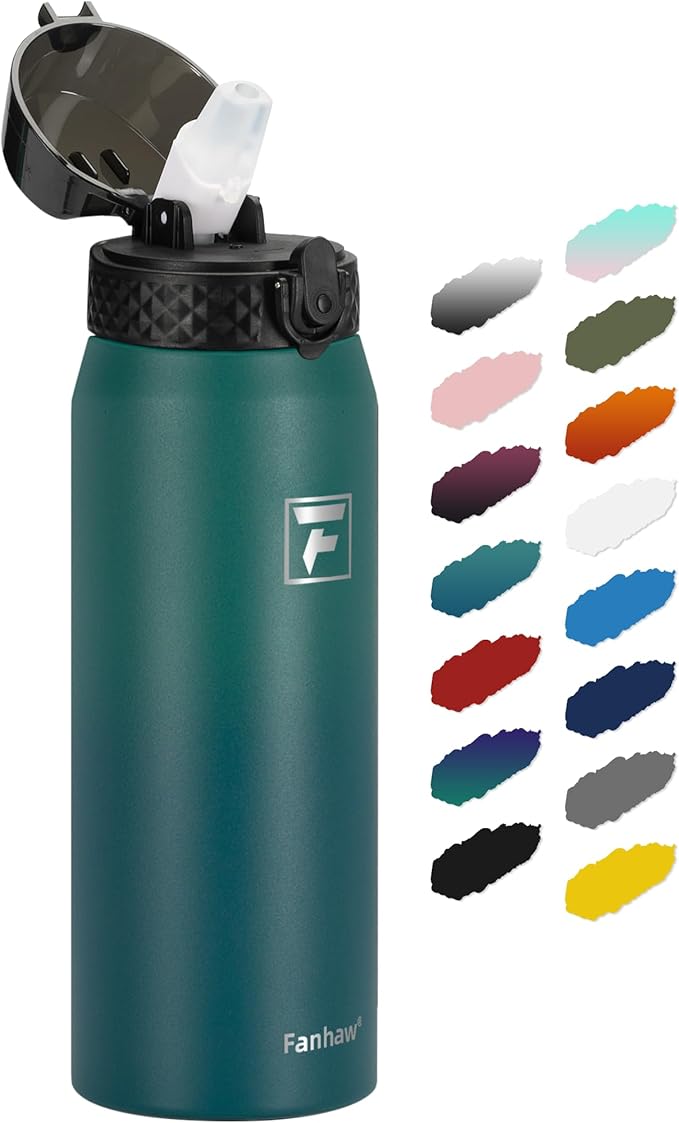 Fanhaw 24 oz Insulated Stainless Steel Water Bottle with Straw Lid, Leakproof & Anti-Dust Sports Bottle for Kids, Women & Men (Green Blue)