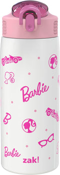 Zak Designs Barbie Porter Water Bottle for Travel and At Home, 19 oz Vacuum Insulated Stainless Steel with Locking Spout Cover, Built-In Carrying Loop, Leak-Proof Design (Barbie)