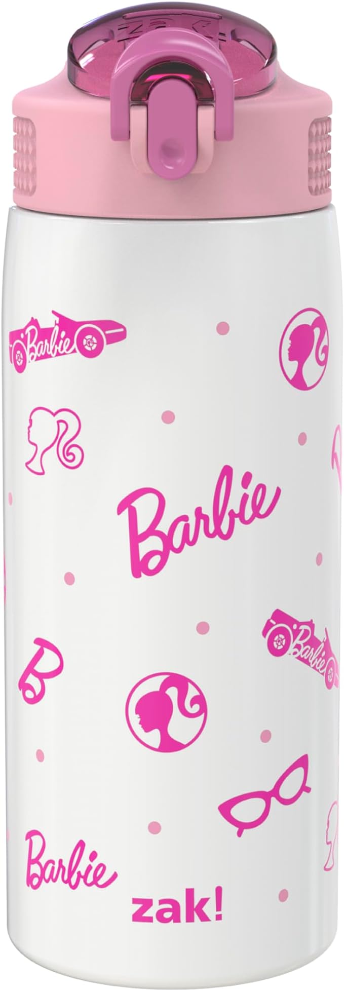 Zak Designs Barbie Porter Water Bottle for Travel and At Home, 19 oz Vacuum Insulated Stainless Steel with Locking Spout Cover, Built-In Carrying Loop, Leak-Proof Design (Barbie)