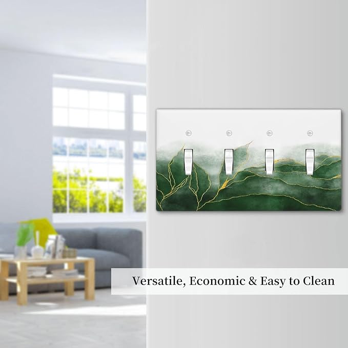 Light Switch Cover Plate Green Gold Leaf Marble Modern Abstract 4 Gang Quad Toggle Decorative Switch Plates Wall Panels Electrical Wall Plates Faceplate for Kitchen Bathroom Decor