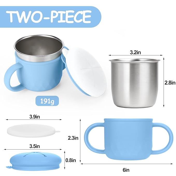 Toddler Snack Containers Stainless Steel Spill-Proof Snack Containers for Toddlers with Spill-Proof Silicone Lids and Handles 4-in-1 Baby Snack Cup is Dishwasher Safe for Easy use On The Go（Blue）