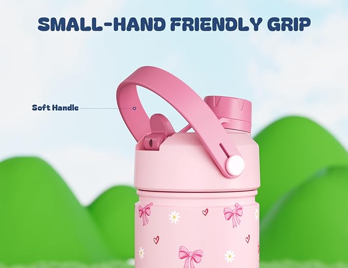 18 oz Insulated Water Bottle for Girls: 2-in-1 Straw Spout Lid, Leakproof, BPA-Free, Easy Carry, Keep Cold 24H, Cute Patterns, Kids Stainless Steel Cup for School, Travel, Holiday Gift (Bow Crush)