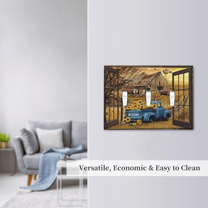 Fall Western Farmhouse Cow 3 Gang Light Switch Plate Decorative Barn door Blue Truck Triple Toggle Wall Plate Cover Electrical Faceplate for Bathroom Home Living Room Bedroom Art Panel Decor