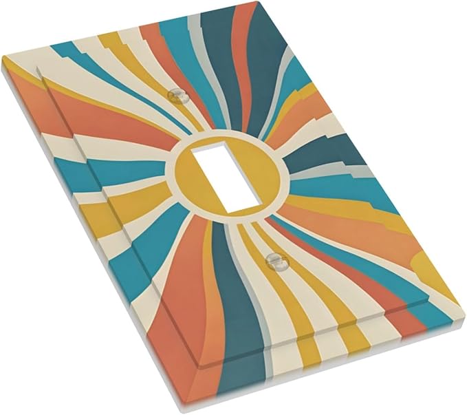 Decorative Switch Cover Plate with Retro Mid-Century Modern Sunburst Motif Design Single Gang Toggle Switch Plate Light Switch Covers Artistic Faceplate for Abstract Teal/Yellow/Orange Wall